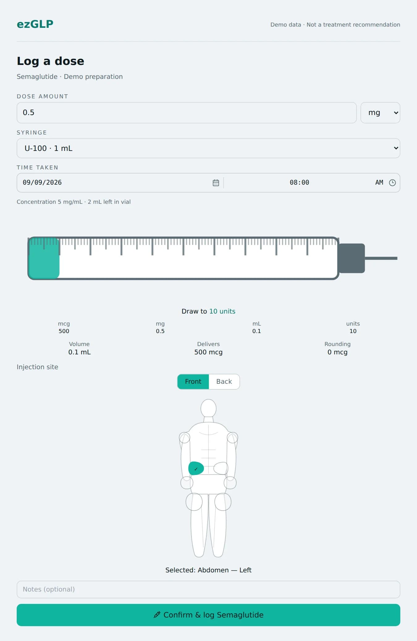 ezGLP dose logging form with a syringe draw visualization and injection-site selector using demonstration records