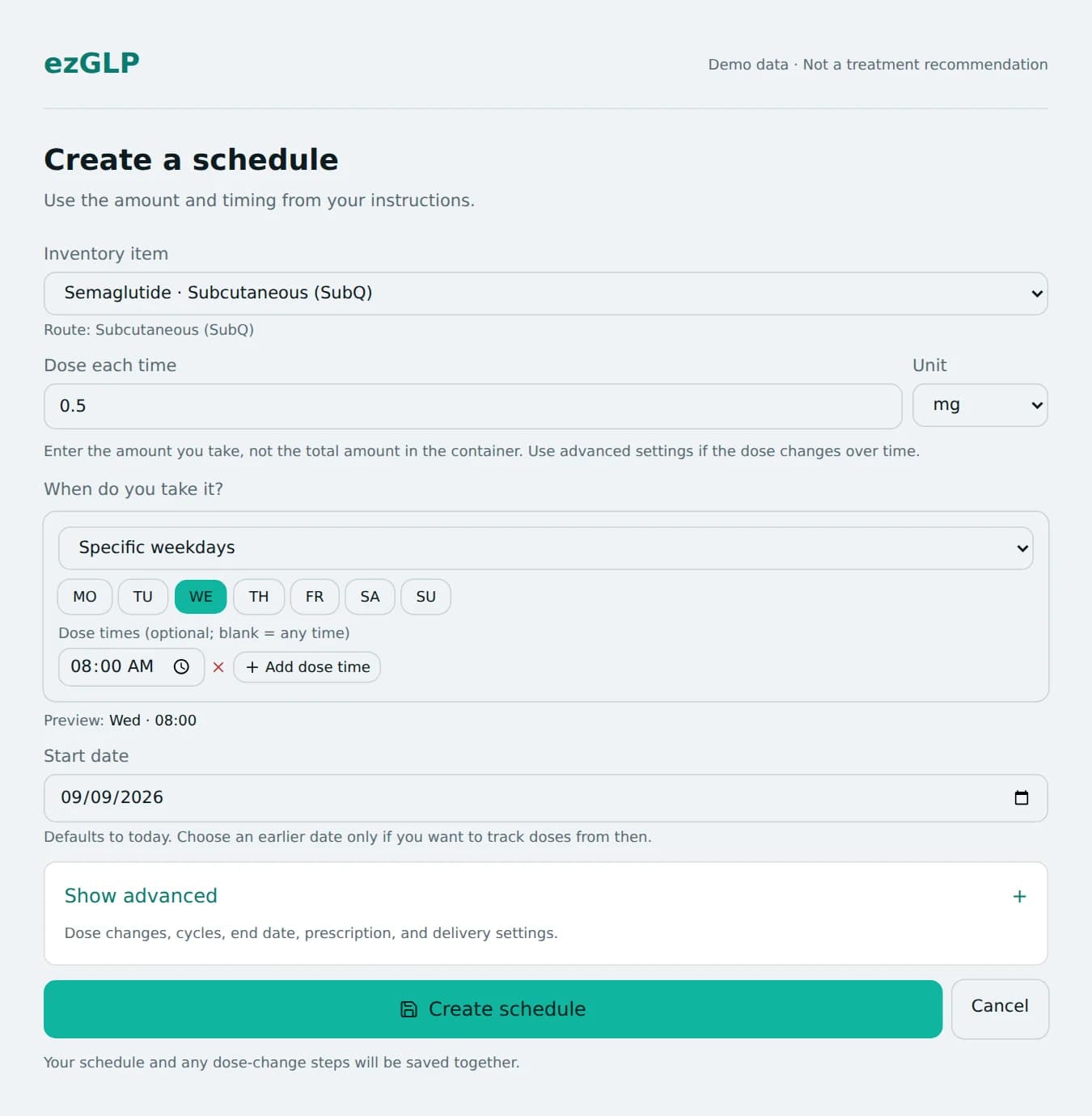 ezGLP schedule editor showing medicine, dose amount, start date, and repeat pattern with demonstration records
