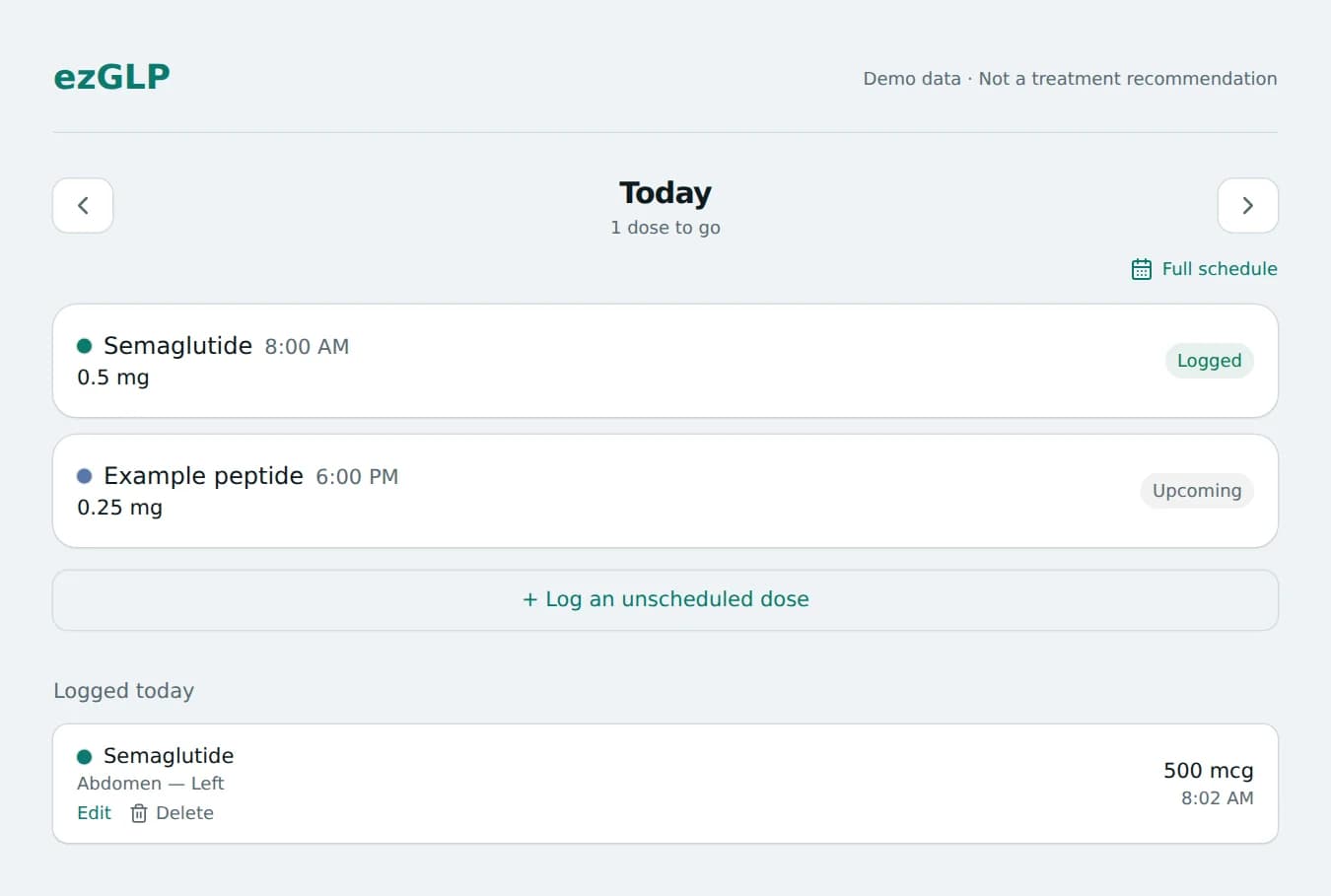 ezGLP Today view showing a demonstration schedule with logged and upcoming doses
